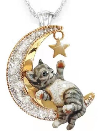 Casual Diamond Moon Kitten Necklace