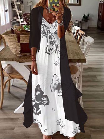 Casual Butterfly Print Maxi Dress With Coat Two Piece Set