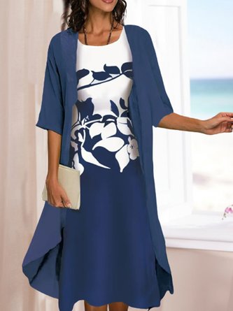 Women's Vacation Daily Floral Printed Casual Elegant Two Piece Set Dress with Cardigan