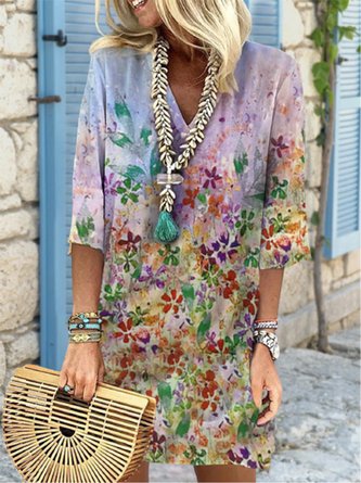 Women's A Line Length Dress Floral printed 3/4 Length Sleeve Floral Layered Print Fall Summer V Neck Casual Loose