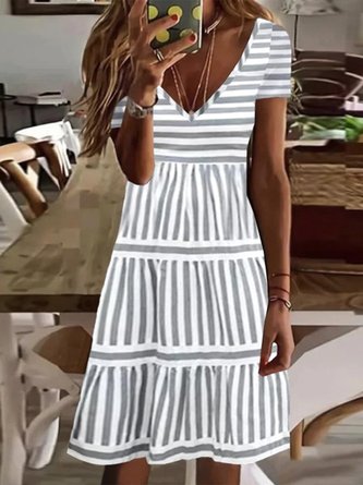 V Neck Striped Casual Short Sleeve A-Line Dresses