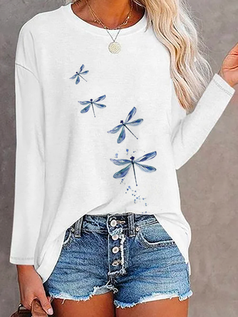 Women's Weekend Butterfly Dragonfly Graphic Printed Casual Daily Crew Neck Long Sleeve Tunic T-Shirt