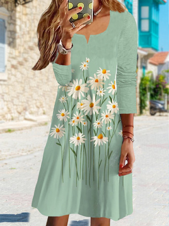 Women's A-Line Loosen Dress Midi Dress Long Sleeve Floral Print Fall Spring U-Neck Casual