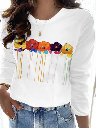 Women's  Loosen T-shirt Tee Poppy Print Long Sleeve Crew Neck Floral T-shirt Tee Fall Spring