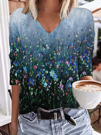Plus size Floral Long Sleeve Loose T-Shirt