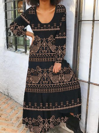Vintage Ethnic Autumn Loose Long Best Sell Long sleeve Crew Neck A-Line Dress for Women