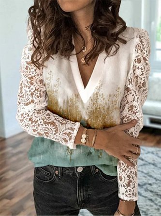 Women's Top Blouse Shirt Sequins Abstract Lace Long Sleeve V Neck Streetwear Daily Going out Polyester Casual Top Fall
