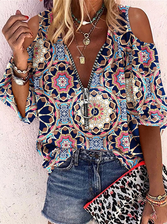 Women's Tops Tunic T shirt Casual Abstract Half sleeve Print V Neck Streetwear Ethnic Daily Beach Printed Tops Fall