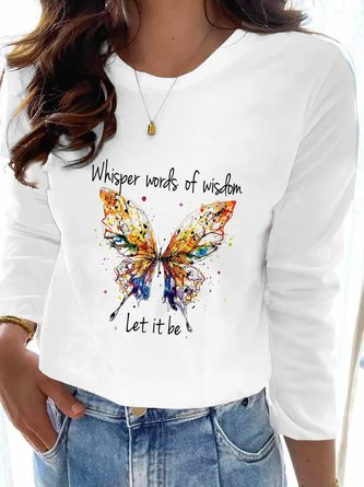 Casual Autumn Butterfly Lightweight Micro-Elasticity Daily Standard Long sleeve Crew Neck T-shirt for Women