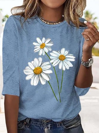 Casual Floral Autumn Micro-Elasticity Daily Jersey Standard Crew Neck Regular Size T-shirt for Women