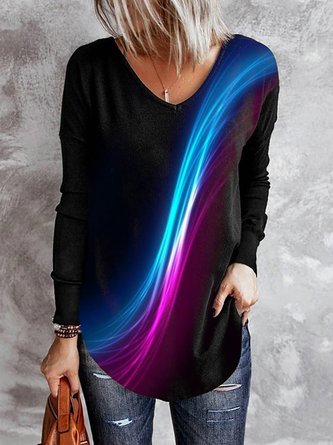 Women Casual Abstract Autumn V neck Micro-Elasticity Daily Loose Mid-long H-Line Tunic T-Shirt