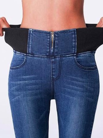 Women Casual Plain Autumn Daily Tight Standard Long Regular Regular Size Jeans