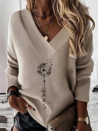Women Casual Autumn Dandelion Micro-Elasticity Daily Jersey Long sleeve Regular Regular Size Sweatshirts