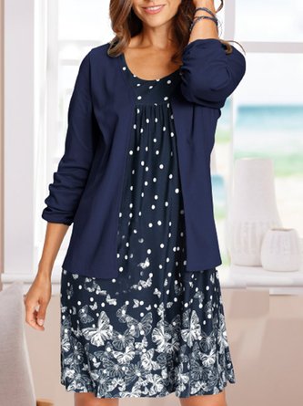 Women's Casual Cardigan With Skirt Dress Loosen Long Sleeve Crew Neck Polka Dots Butterfly Pattern Set Fall Spring