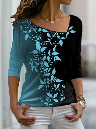Women Casual Leaf Autumn V neck Daily Loose Jersey Best Sell Regular T-shirt