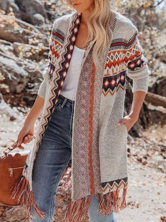 Casual Ethnic Autumn Natural Daily Loose Long sleeve Yarn/Wool yarn Regular Sweater coat for Women