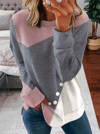 Casual Colorblock Buttoned Loose Sweatshirts