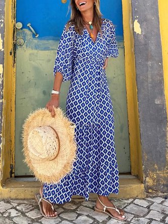 Women Geometric Casual Autumn Polyester Natural Long Best Sell A-Line Regular Size Dress