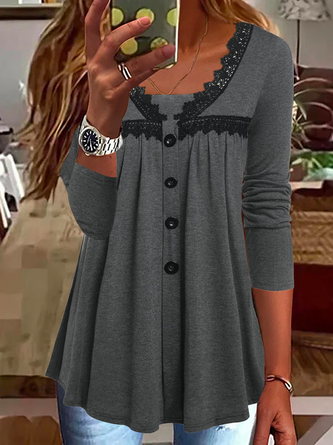 Long Sleeve Plain Jersey Lace Casual Loose Tunic Top