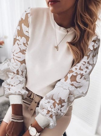 Women's Loosen Sweater Plain Long Sleeve Crew Neck Floarl Lace Patchwork Fall Spring Casual Sweater