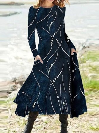 Casual Geometric Polka Dots Long Sleeve A-Line Dress