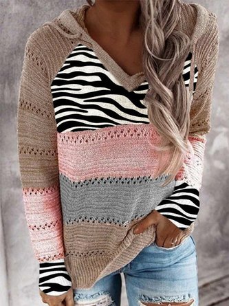 Zebra Color Block Long Sleeve Hoodie Casual Tunic Sweater Knit Jumper