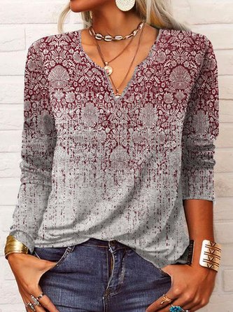 Ethnic Long Sleeve Notched Casual Tunic Blouse