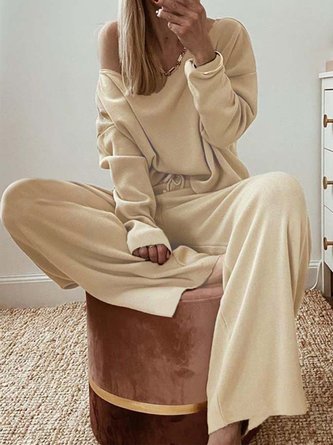 Casual Long Sleeve Top And Wide Leg Baggy Lounge Wear Two Piece Set