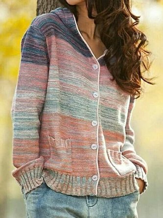 Women Striped Vintage Autumn Long sleeve Hooded Cotton-Blend Tunic Sweater Knit Jumper