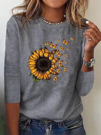 Sunflower Printed Long sleeve Crew Neck T-Shirt