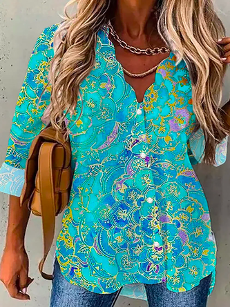 Printed Casual Long Sleeve Tunic Blouse