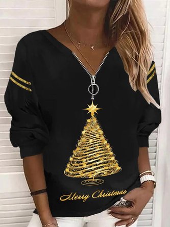 Casual Christmas Long Sleeve V Neck Printed Top Sweatshirt