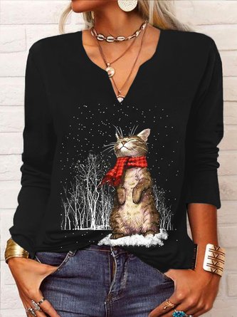 Christmas Cat Long Sleeve V Neck Printed T-shirt