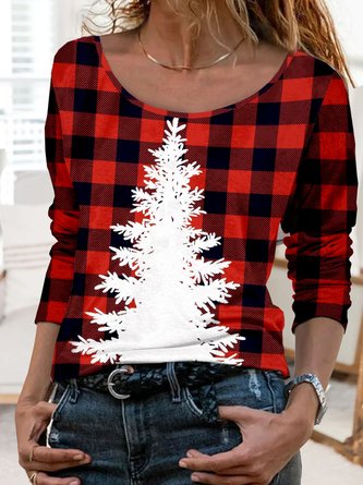 Casual Plaid Crew Neck Christmas Tree Printed Jersey T-Shirt