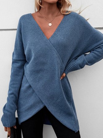 Plain Long Sleeve Cross Neck Irregular Craftsmanship Casual Sweater
