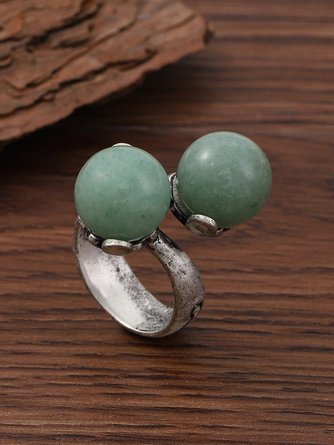 Boho Ethnic Silver Round Jade Open Ring Casual Daily Commuter Jewelry
