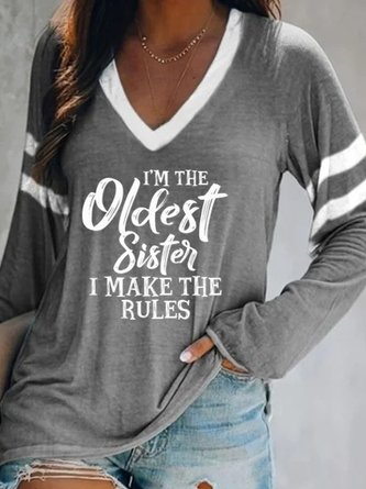 Letters Long Sleeve V Neck Casual T-Shirt