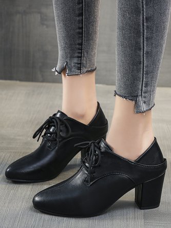 Commuting Simple Lace Up Leather Chunky Heel Shoes