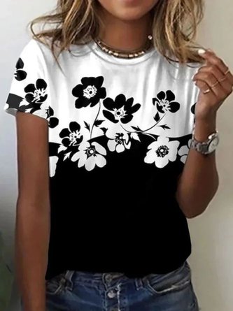 Plus Size Casual Floral Short Sleeve Round Neck Printed Top T-Shirt