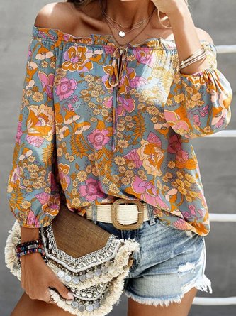 Floral Printed Vacation Loose Lace-Up Top 2023