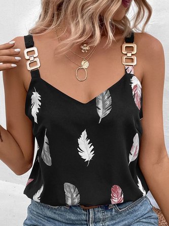 Casual V Neck Feather Pattern Loose Tank & Cami 2023