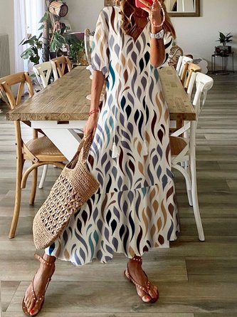 Geometric Printed Lace-Up Casual V Neck Dress