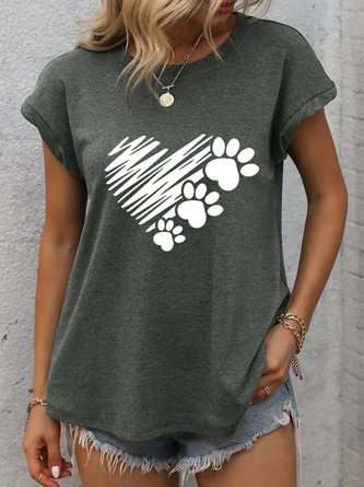 Casual Dog Paw Heart T-Shirt