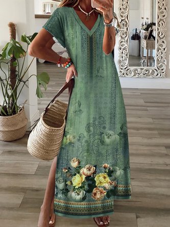 Casual Floral Printed Jersey V Neck Dress