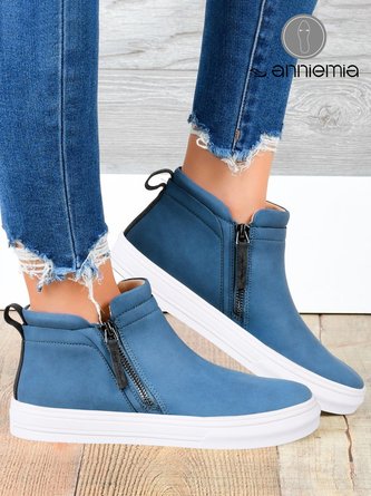 Blue Matte Leather Side Zip Flats