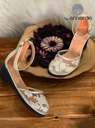 White Floral Mesh Lace Chunky Heel Bridal Shoes