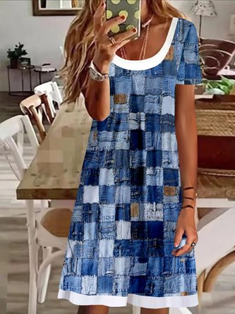 Crew Neck Plaid Printed Casual Mock Two-piece Dress