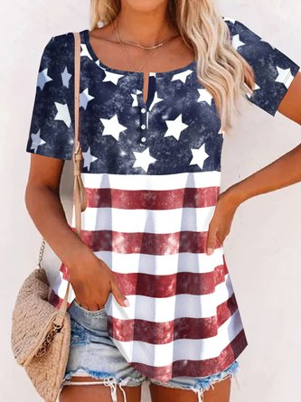 America Flag Printed Buckle Casual Jersey Tunic Blouse