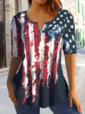 Loose America Flag Casual Jersey Blouse