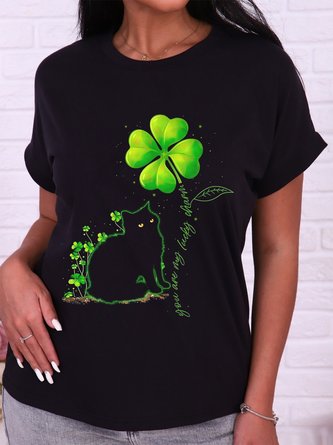 Cat And Four-leaf Clover Short Sleeve Crew Neck Casual Tunic T-Shirt